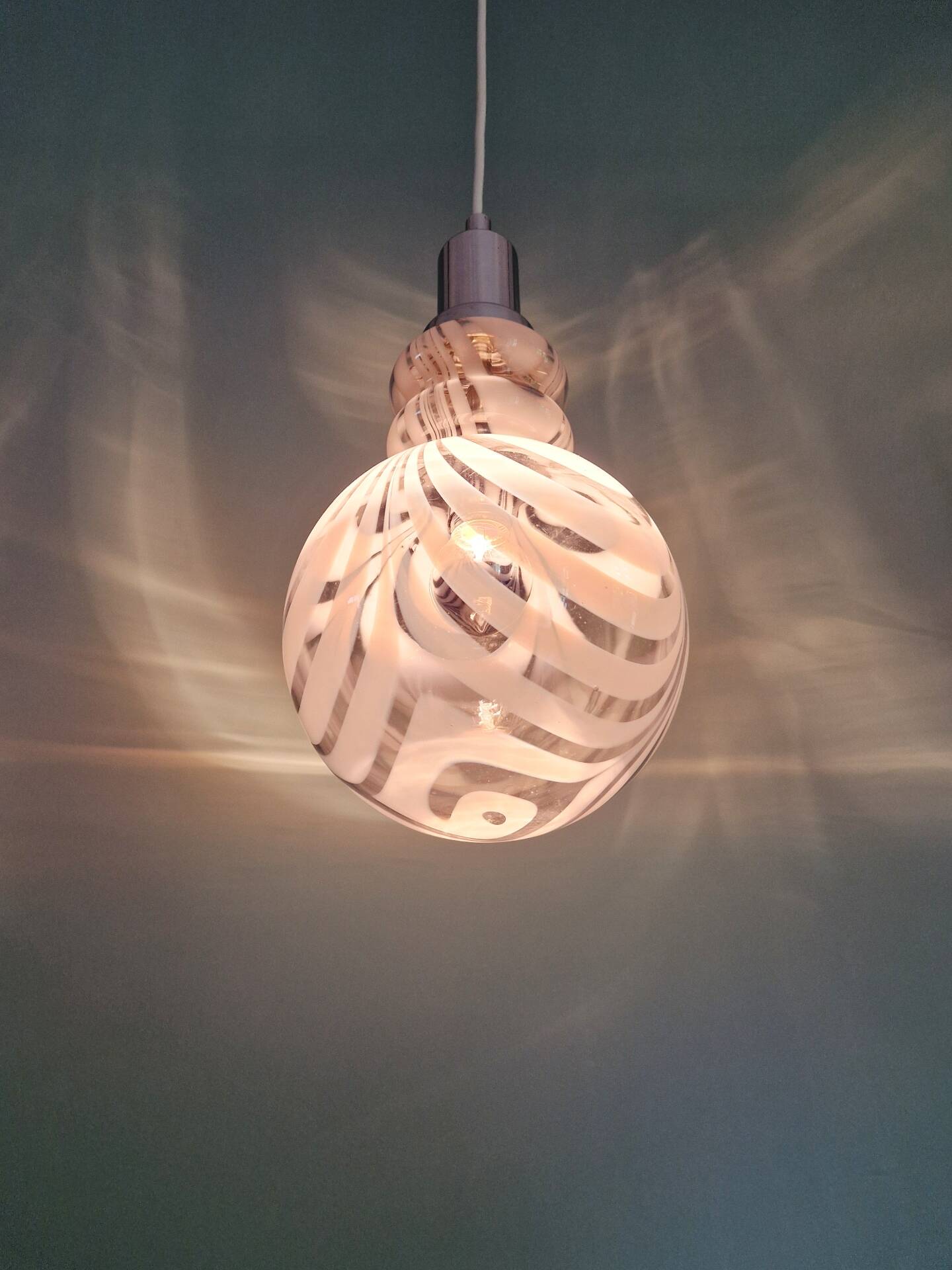Smoked Murano glass pendant with white spirals, 1970s