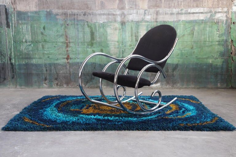 1970s chrome and black velvet sculptural rocking chair