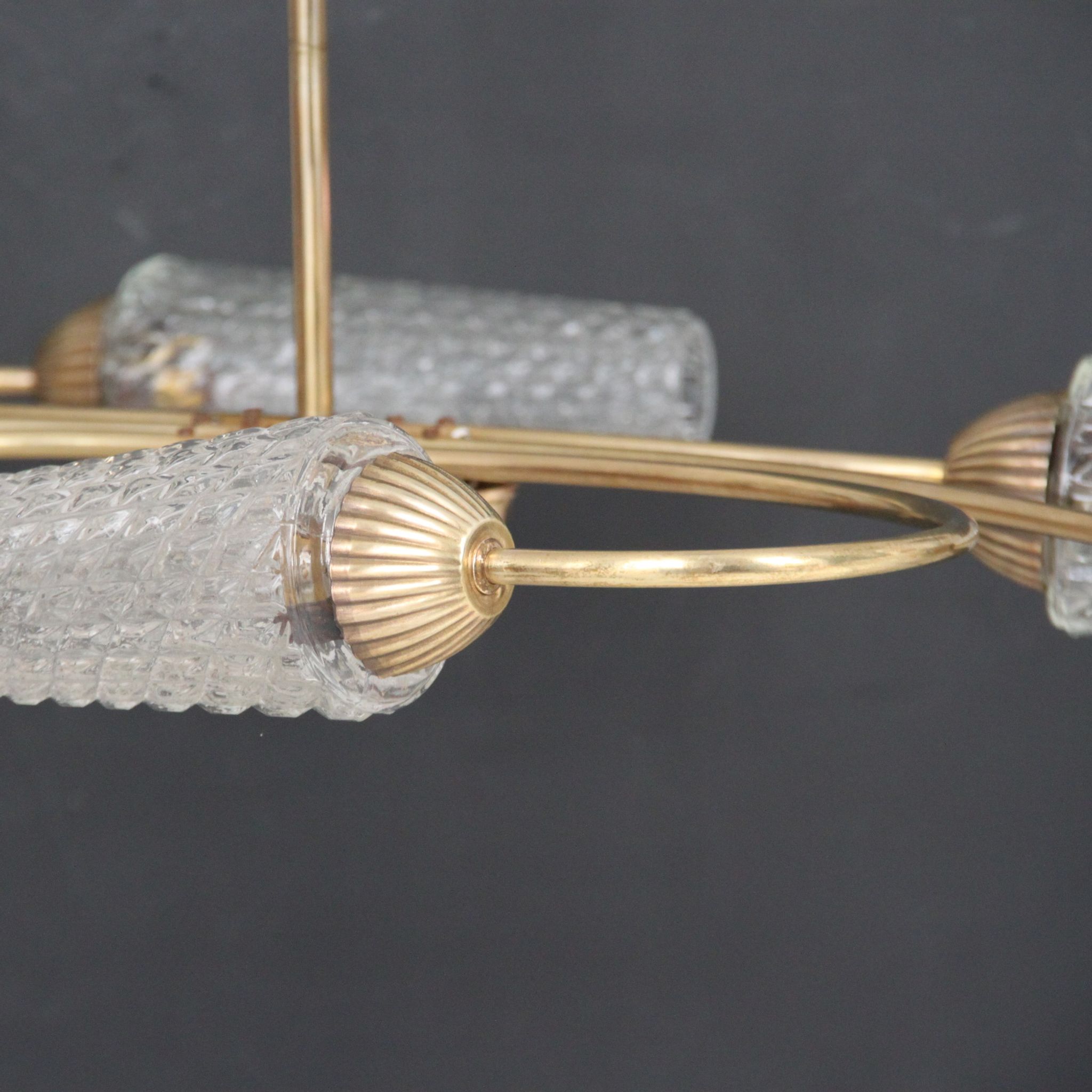 Vintage brass chandelier, moulded glass tulip lampday, circa 1950