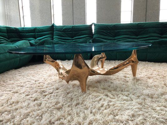 Bronze and glass coffee table with female sculpture by Victor Roman