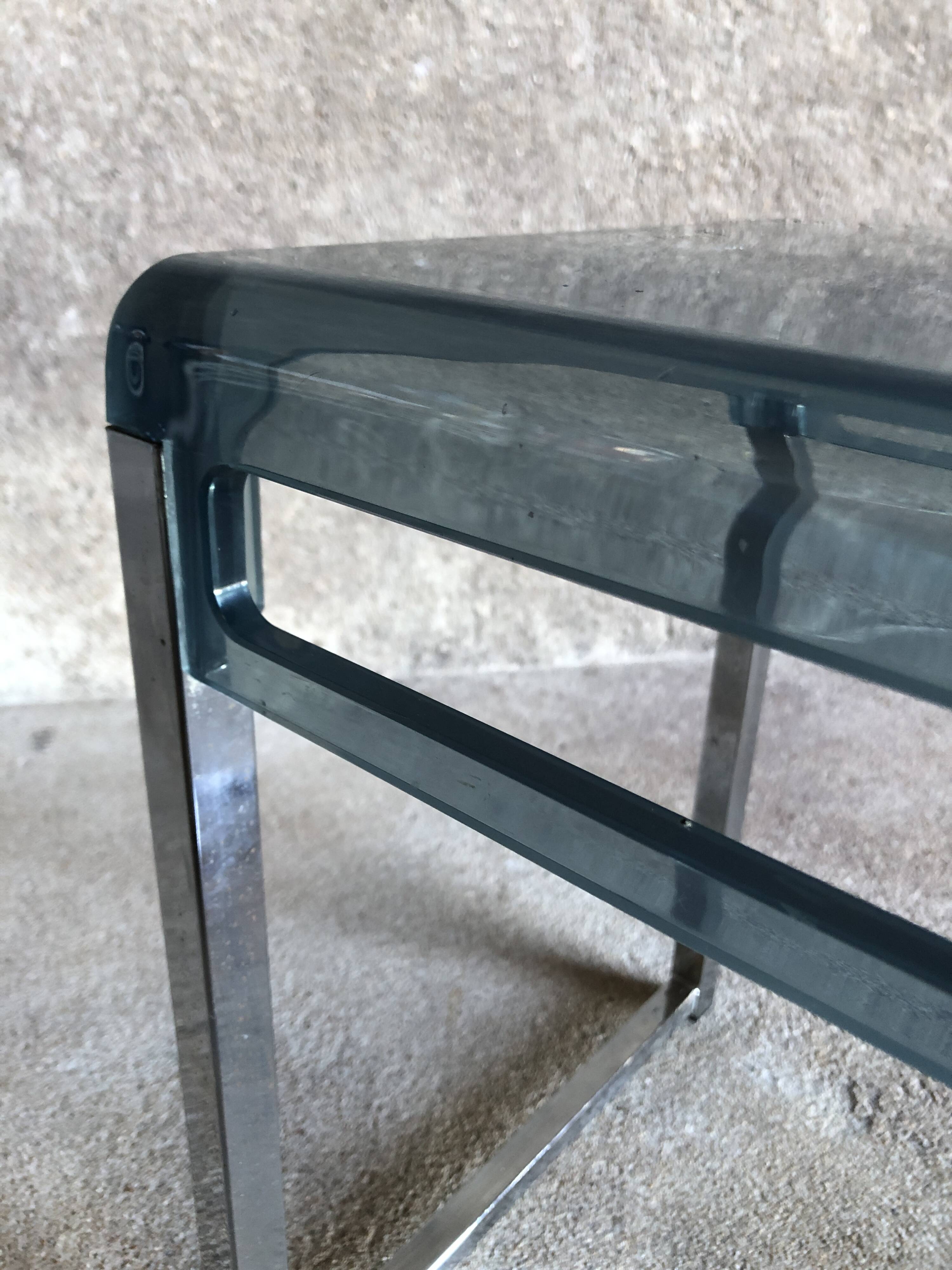 Bedside table in blue plexiglass and chrome metal, 1970