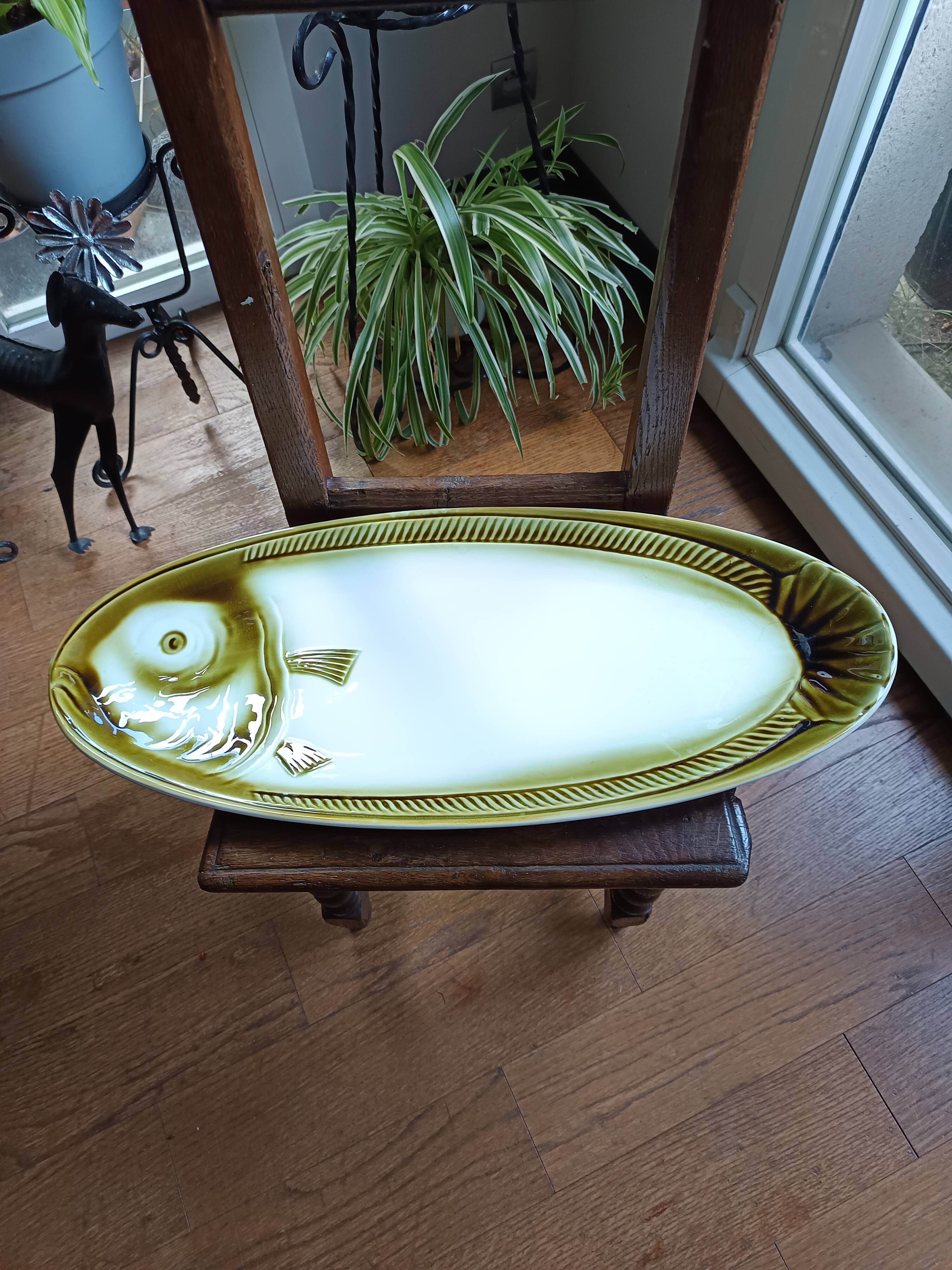 Large ceramic dish in the shape of a fish, Moulin des Loups brand