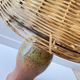 Artisanal lamp in vintage enamelled stoneware and rattan