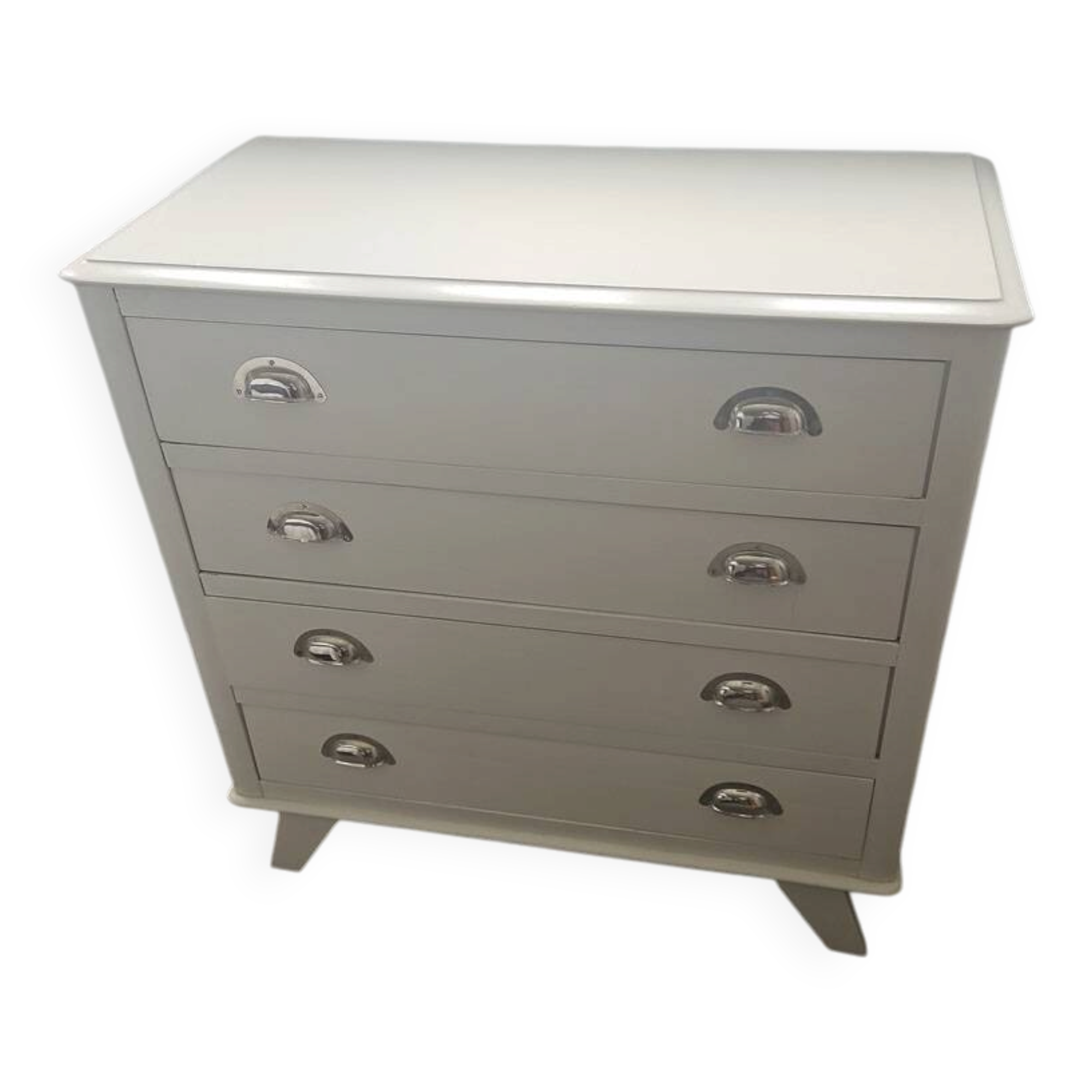 Vintage commode in solid pear wood, revamped in glossy white – tapered legs.