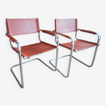 Paire de fauteuils type b34 cuir chrome vintage 70