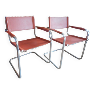 Paire de fauteuils type b34 cuir chrome vintage 70