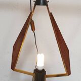 Teak, brass and opaline pendant light, Italy 1960