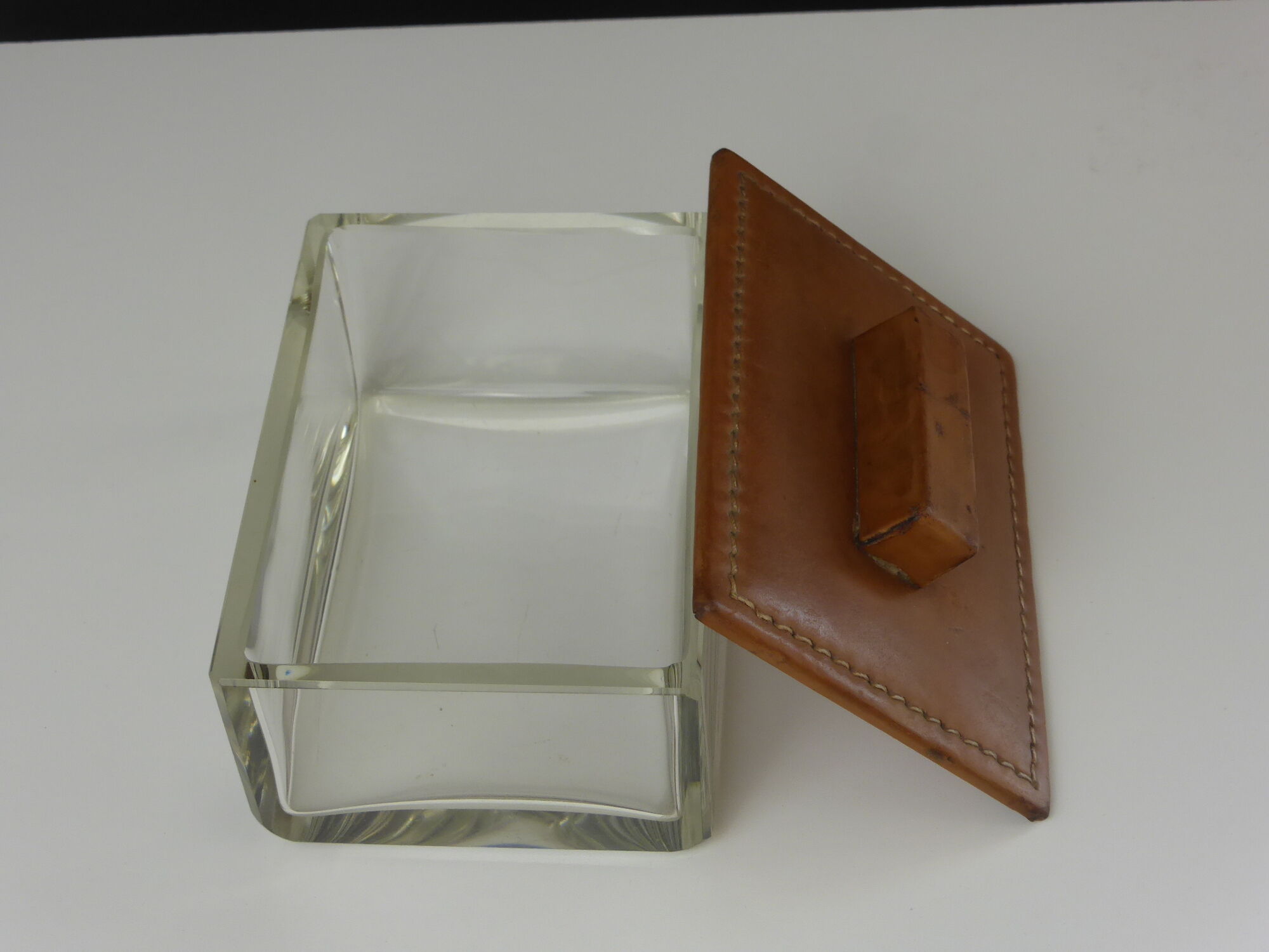 Vintage glass box with tawny leather lid