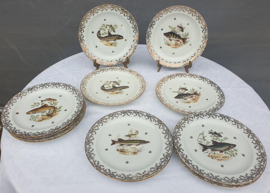 Set 12 plates porcelain gold fine fish fern limousine de Chastagner