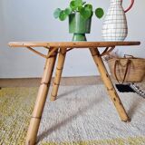 Tripod coffee table – Rattan & Bamboo – Sky blue top – Vintage 60s