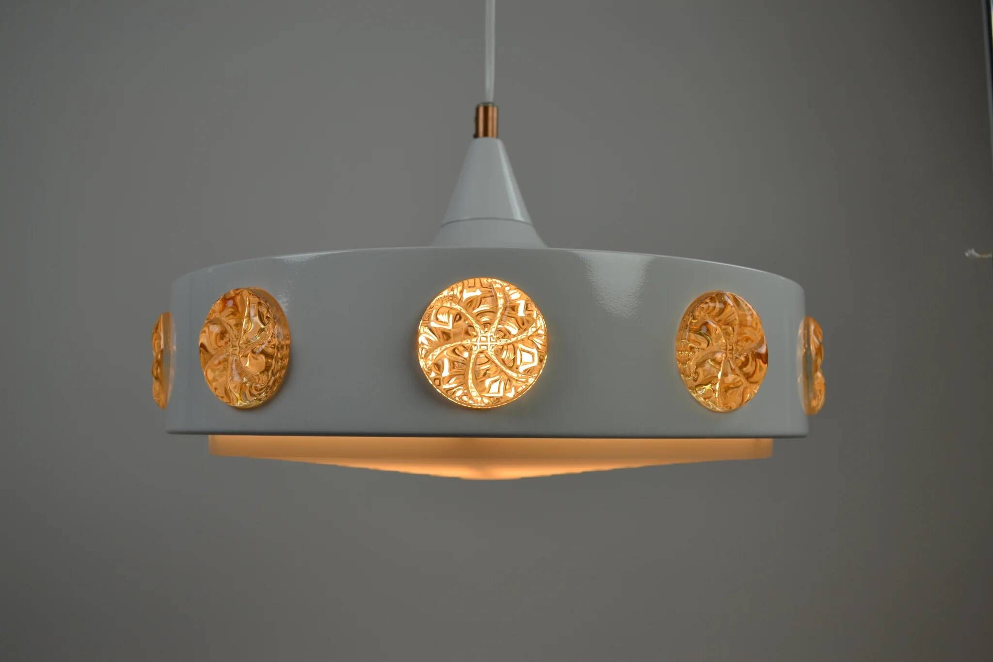 Pendant Lamp with Amber Glass Medallion Inserts — Vitrika, Denmark, 1960s