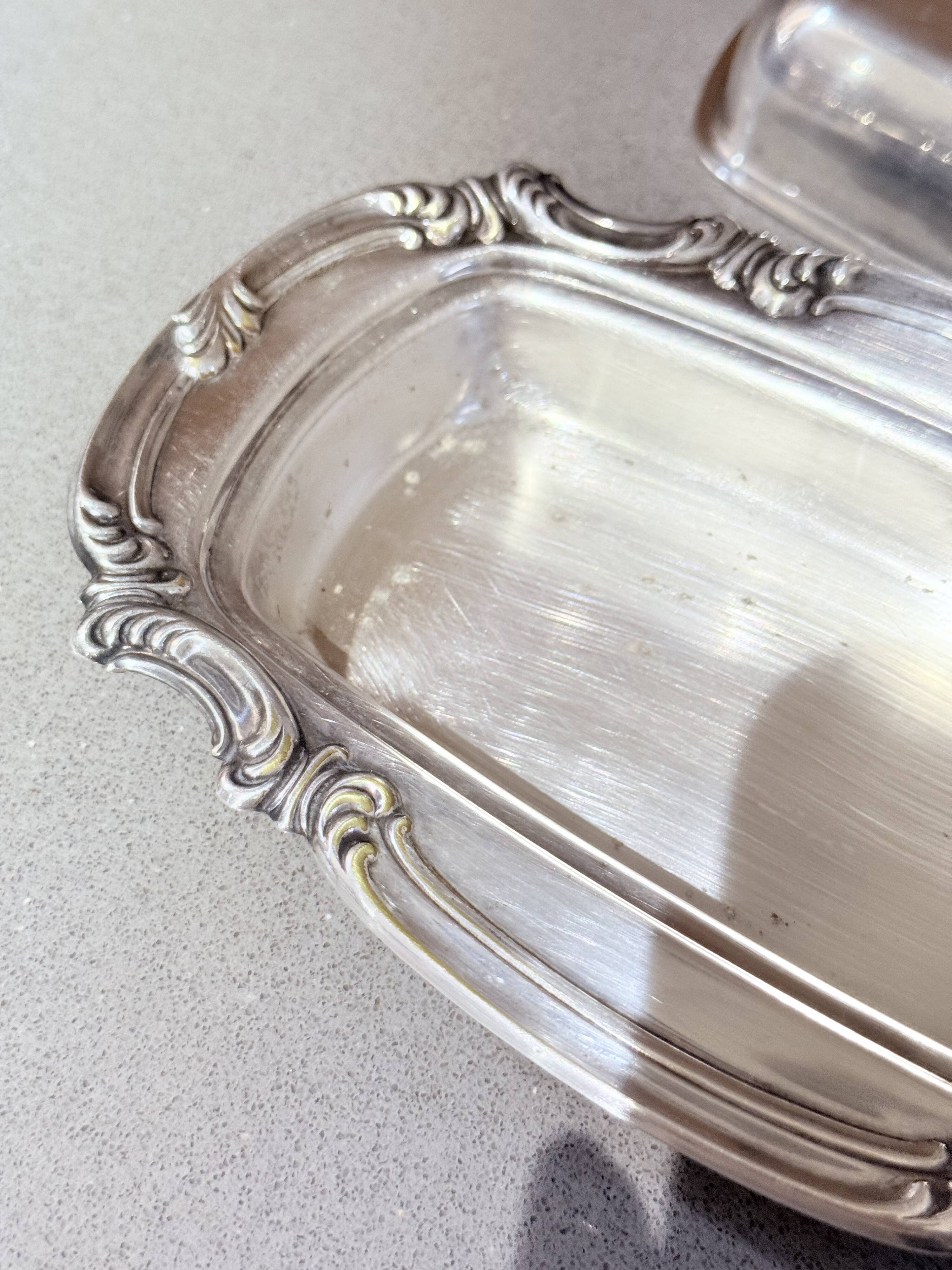 Antique Silver Butter Dish With Crystal Liner & Spoon, Elegant Vintage Tableware