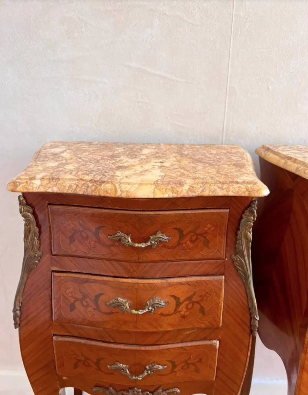 Pair of Vintage French Nightstands, Set of Rosewood Bedside Tables with Mar