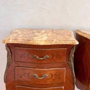 Pair of vintage French bedside tables, set of rosewood nightstands with marquetry.
