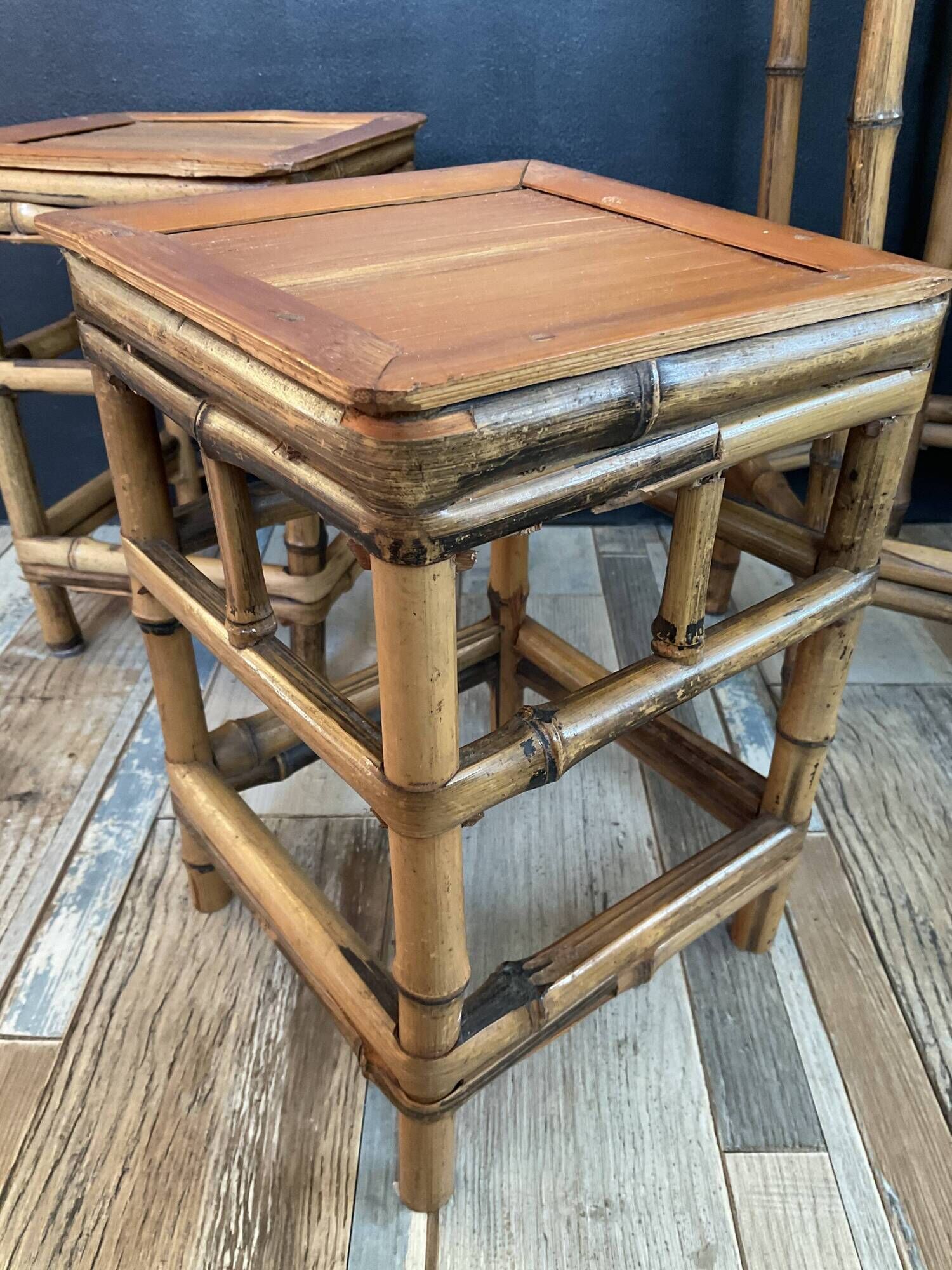 Trio of vintage rattan plant holders in the 60s