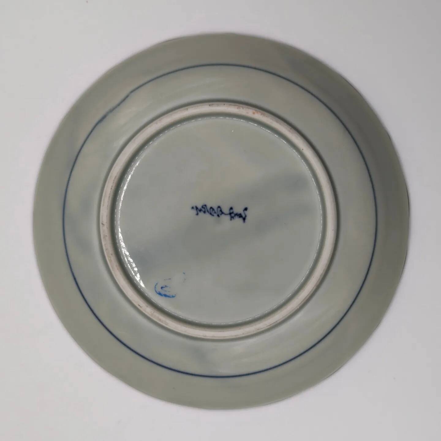 Old signed blue ceramic plate with landscape decoration, Japan