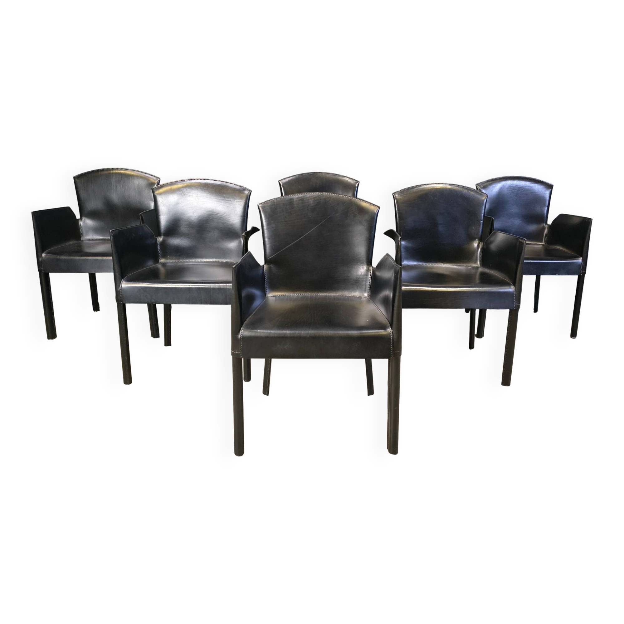 Black leather Italian dining chairs, 1980s - set of 6