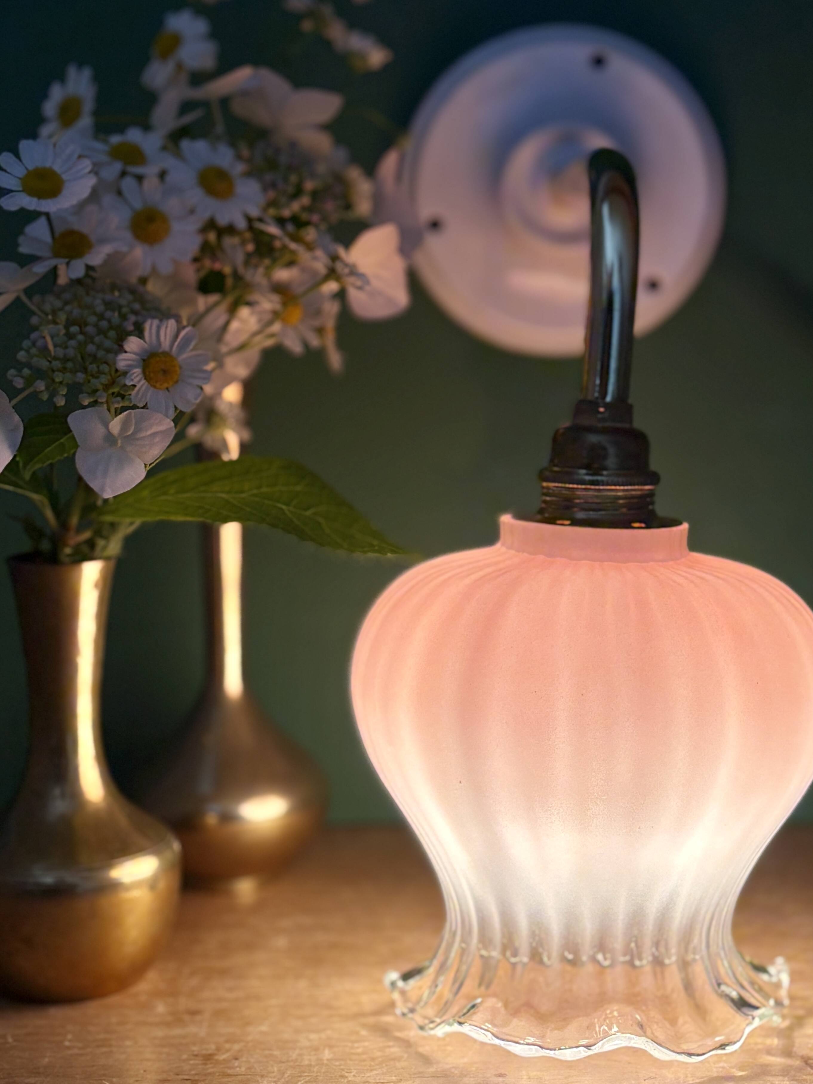 Vintage pink and clear glass elbow wall light.