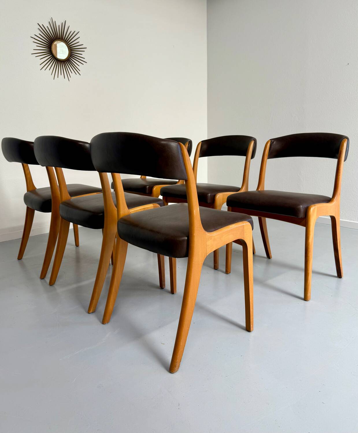 Set of 6 Baumann curved wood and imitation leather chairs, gondola model, 70s