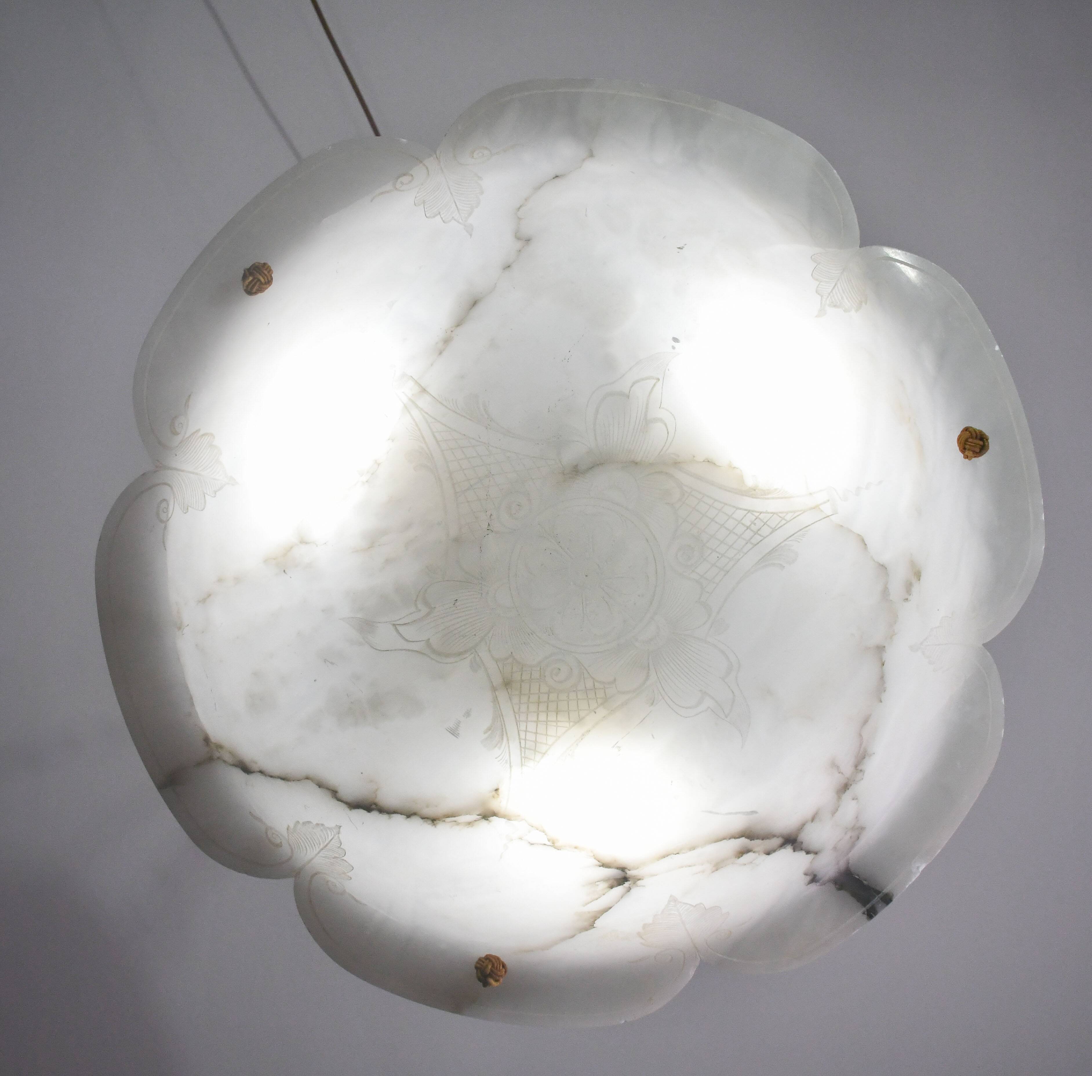 Great design extra large size Art Deco white alabaster chandelier, 1950s