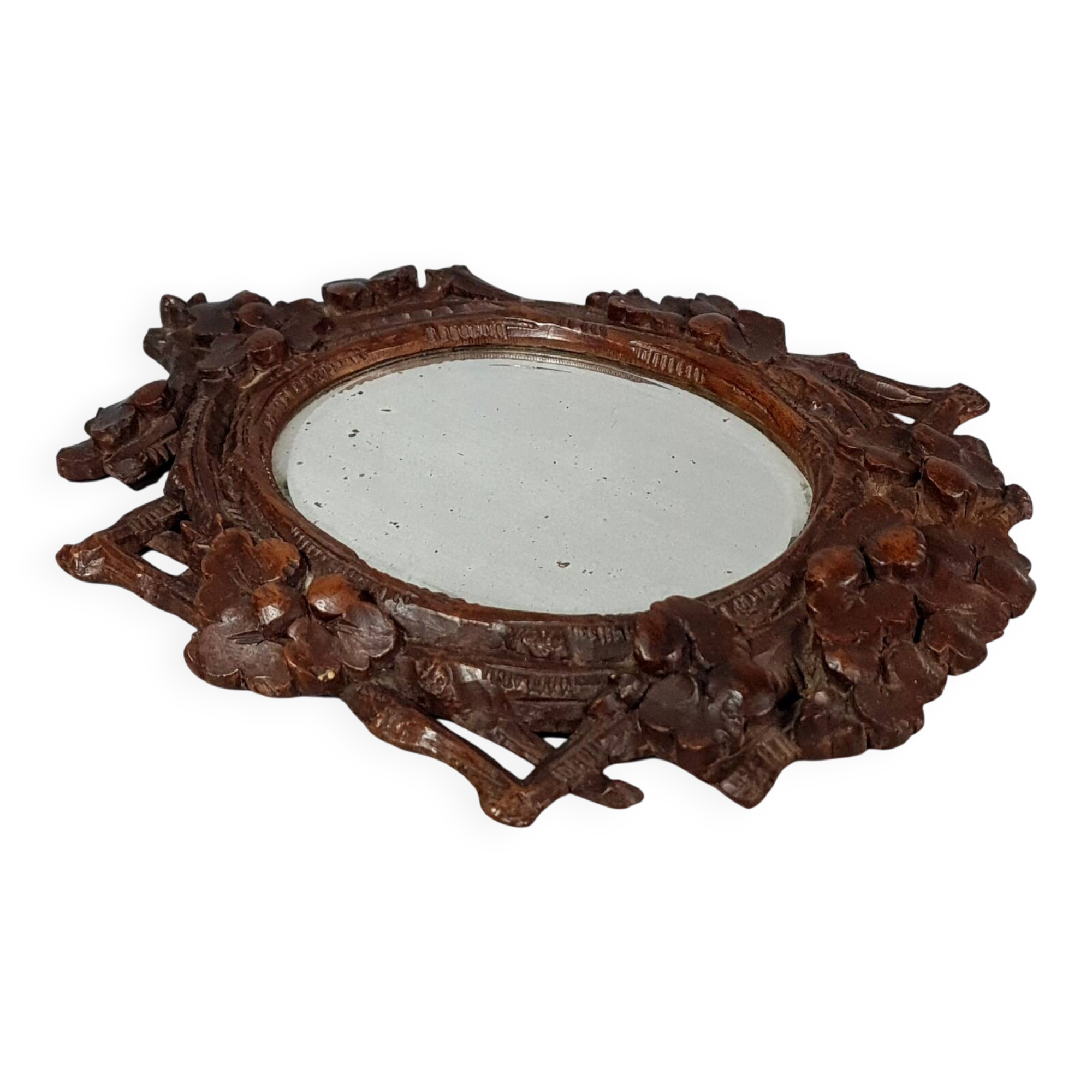 Antique small beveled mirror with carved wooden frame and waxed patina C714