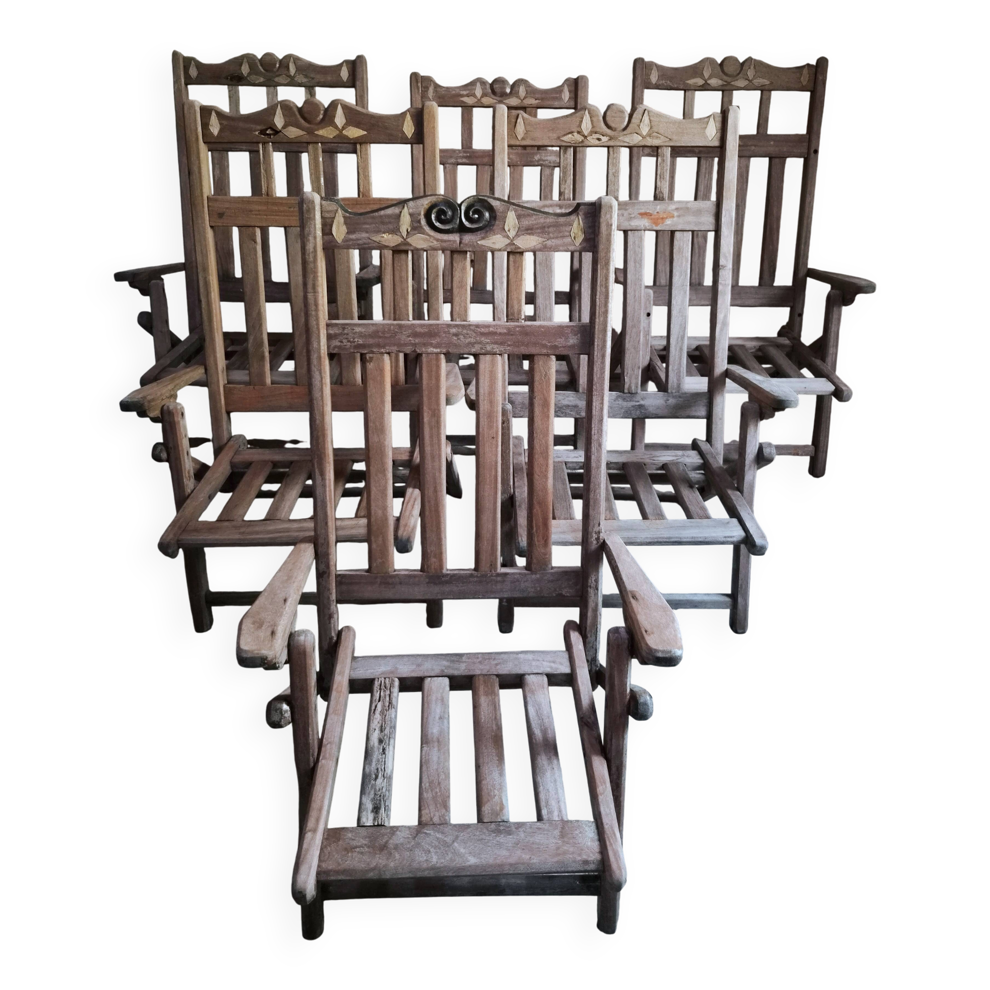 Set of 6 vintage American folding deck chairs in hardwood, 1940s–1960s.
