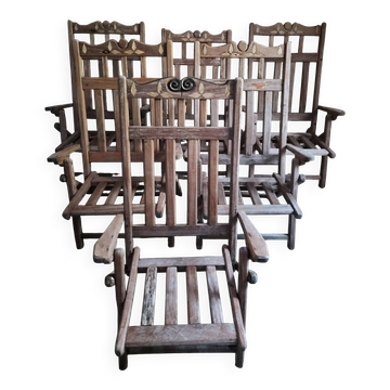 Set of 6 vintage American folding deck chairs in hardwood, 1940s–1960s.