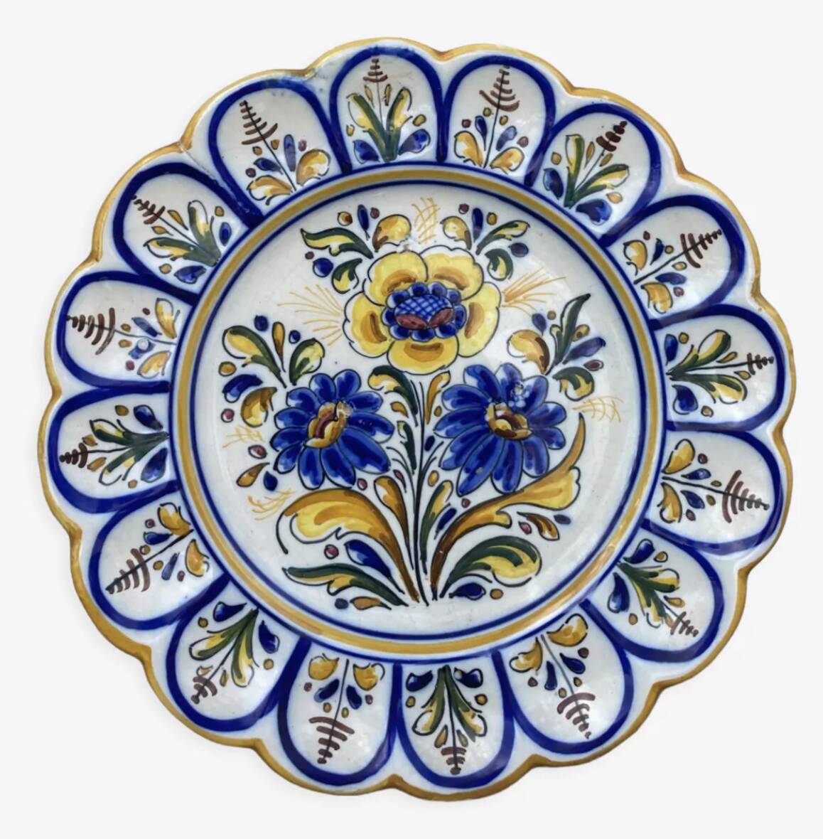 Assiette murale fleurs bleu jaune espagnole