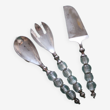 Three old silver-plated service cutlery and blown and bubbled glass