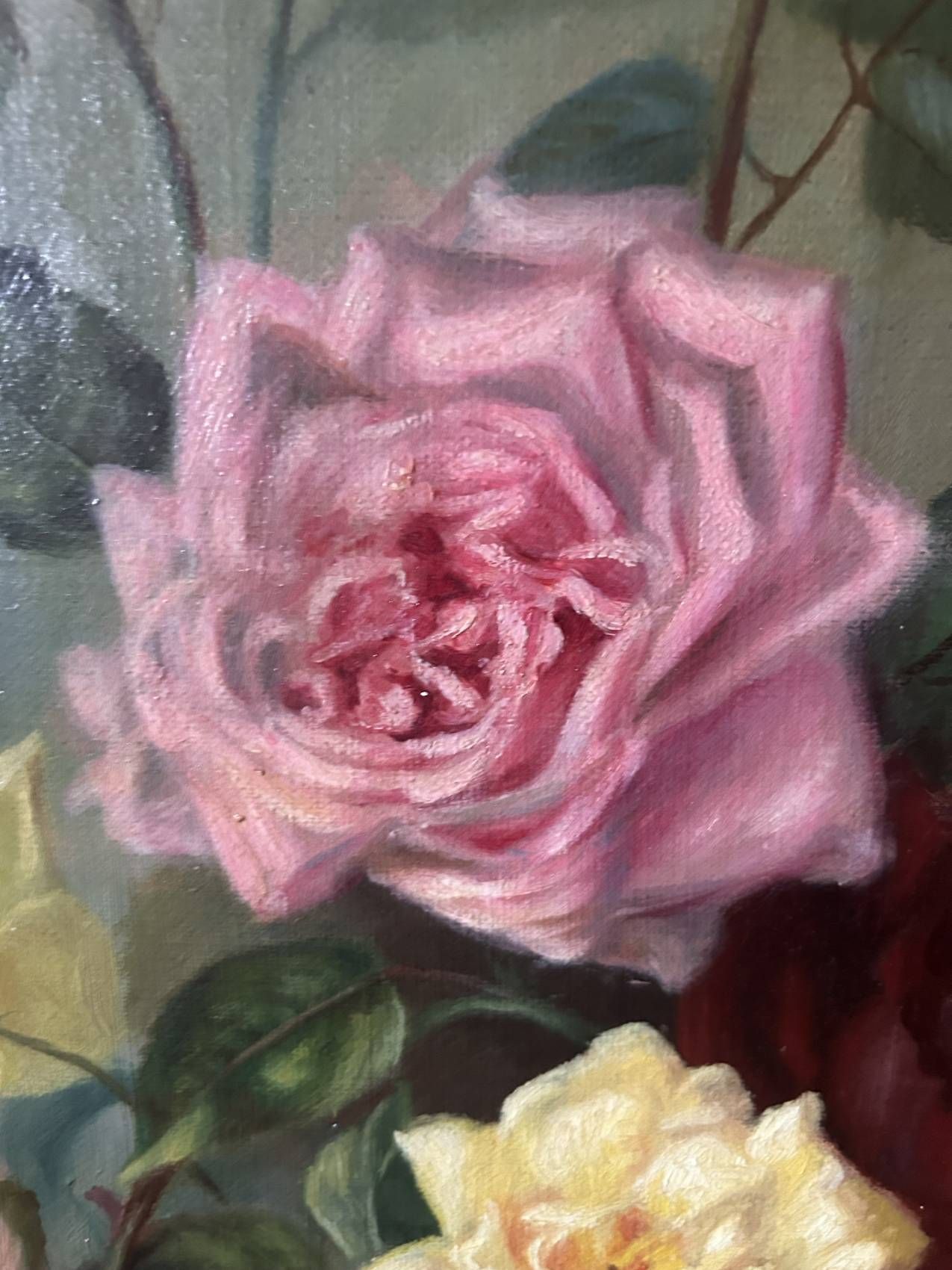 Large antique painting with roses – Oil on canvas from the 1900s – 40 x 102 cm – a large decorative format