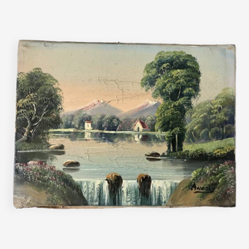 Tableau huile sur toile rivière vintage