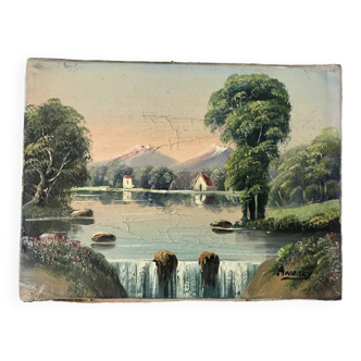 Tableau huile sur toile rivière vintage