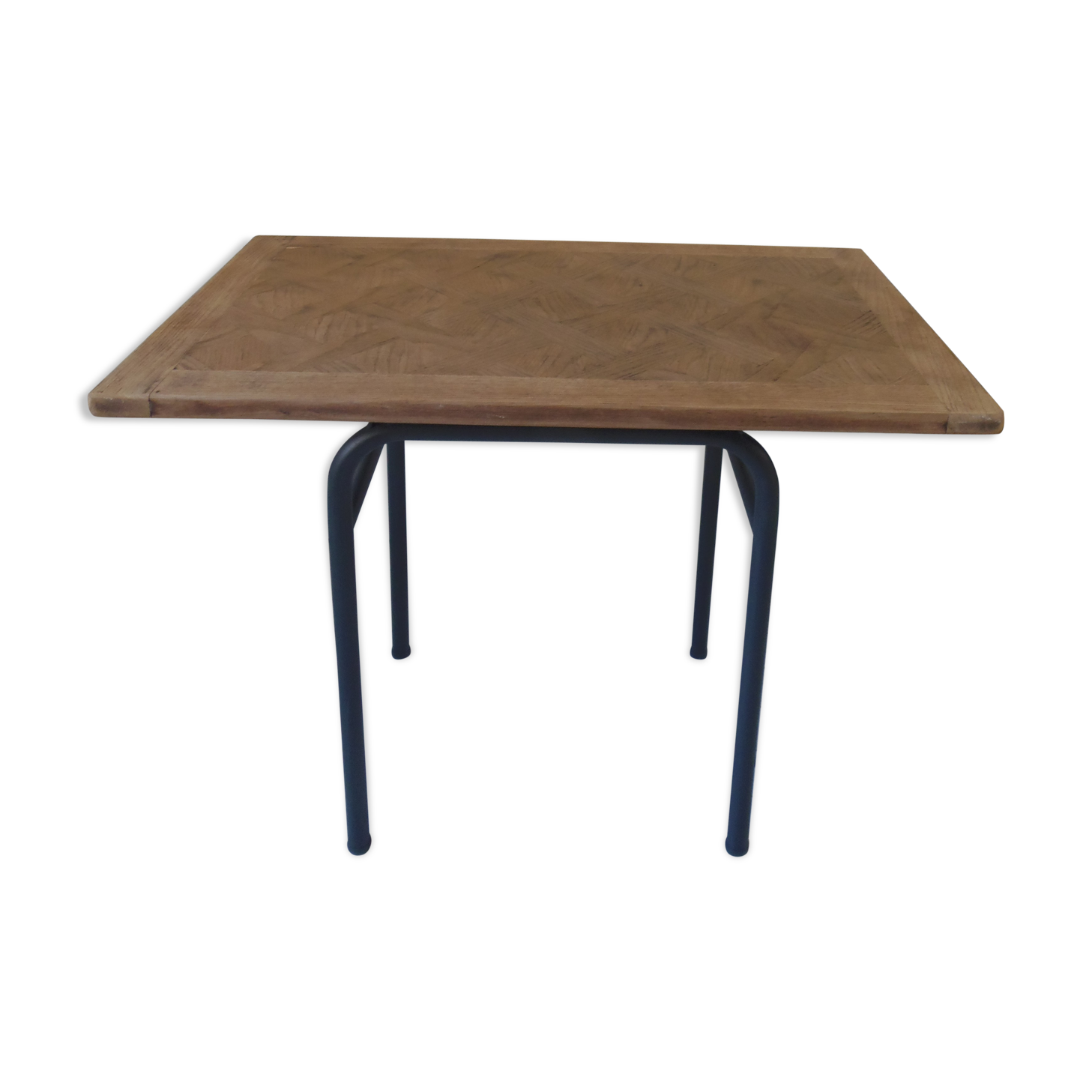 Table, tubular pedestal metal gray slate, oak tray marked