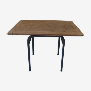 Table, tubular pedestal metal gray slate, oak tray marked