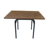 Table, tubular pedestal metal gray slate, oak tray marked
