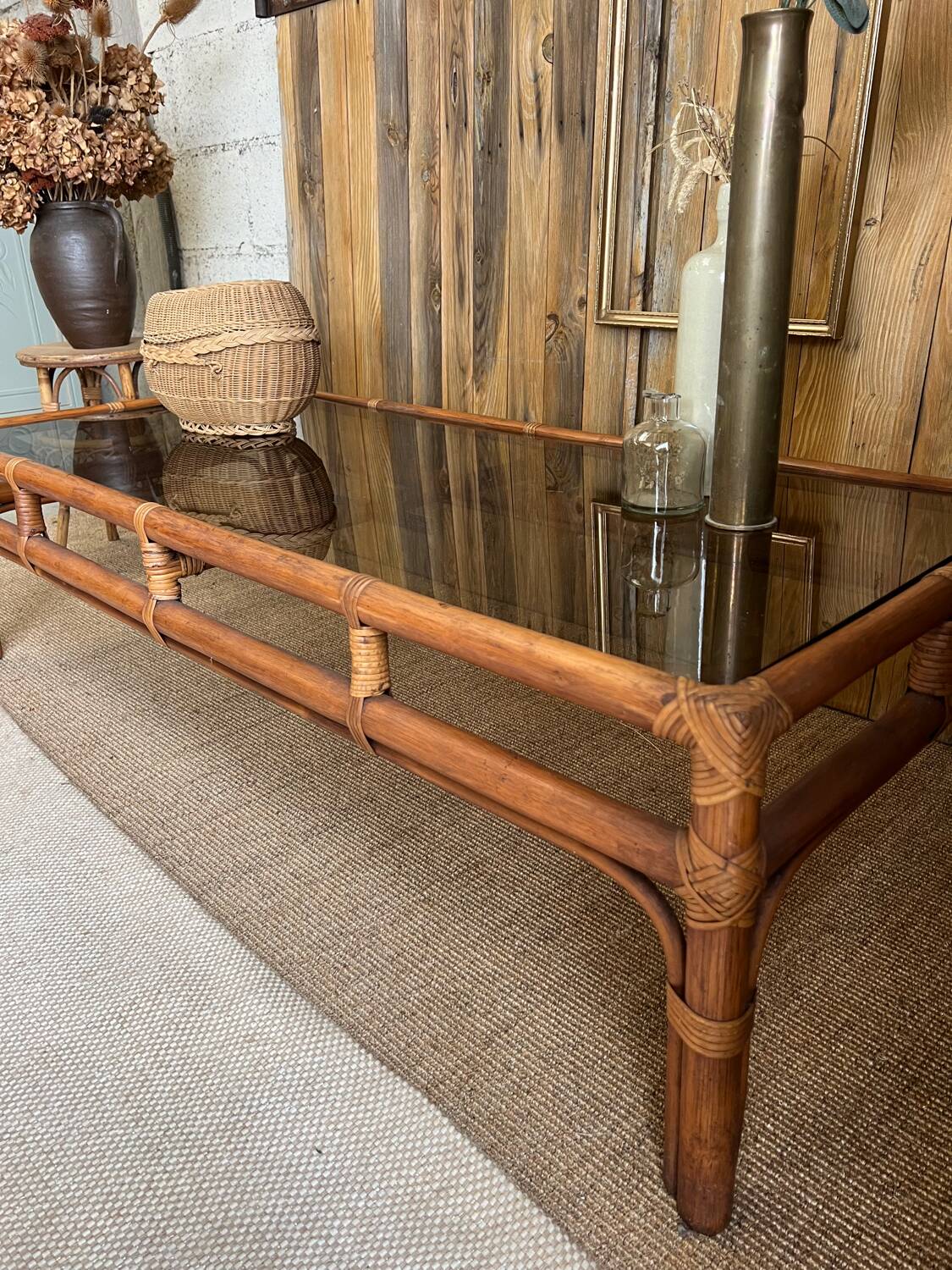Large bamboo and smoked glass coffee table