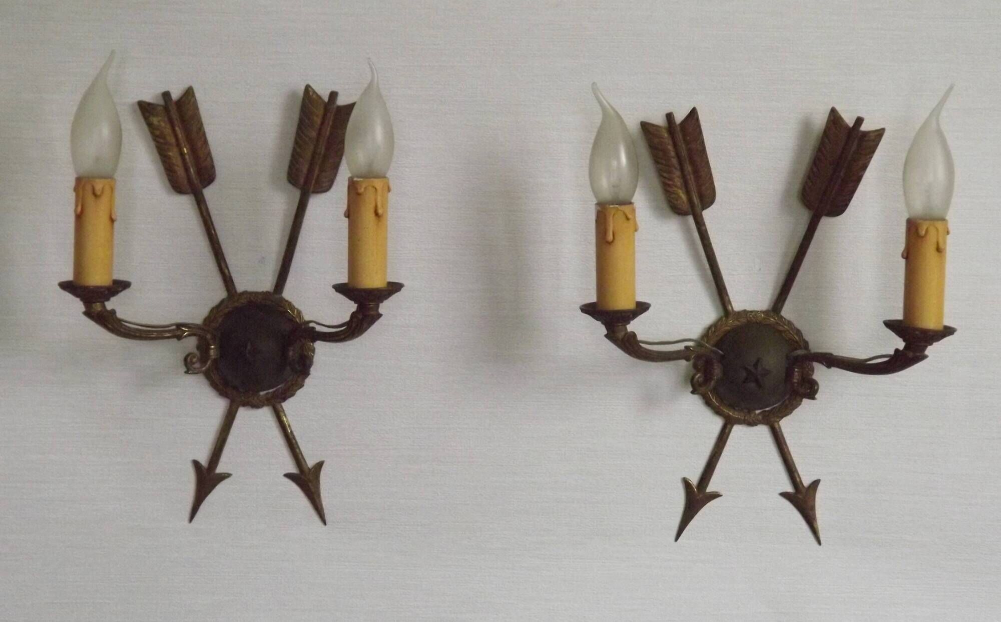 French Vintage Bronze Empire Arrow & Quiver Criss Cross Double Wall Sconces