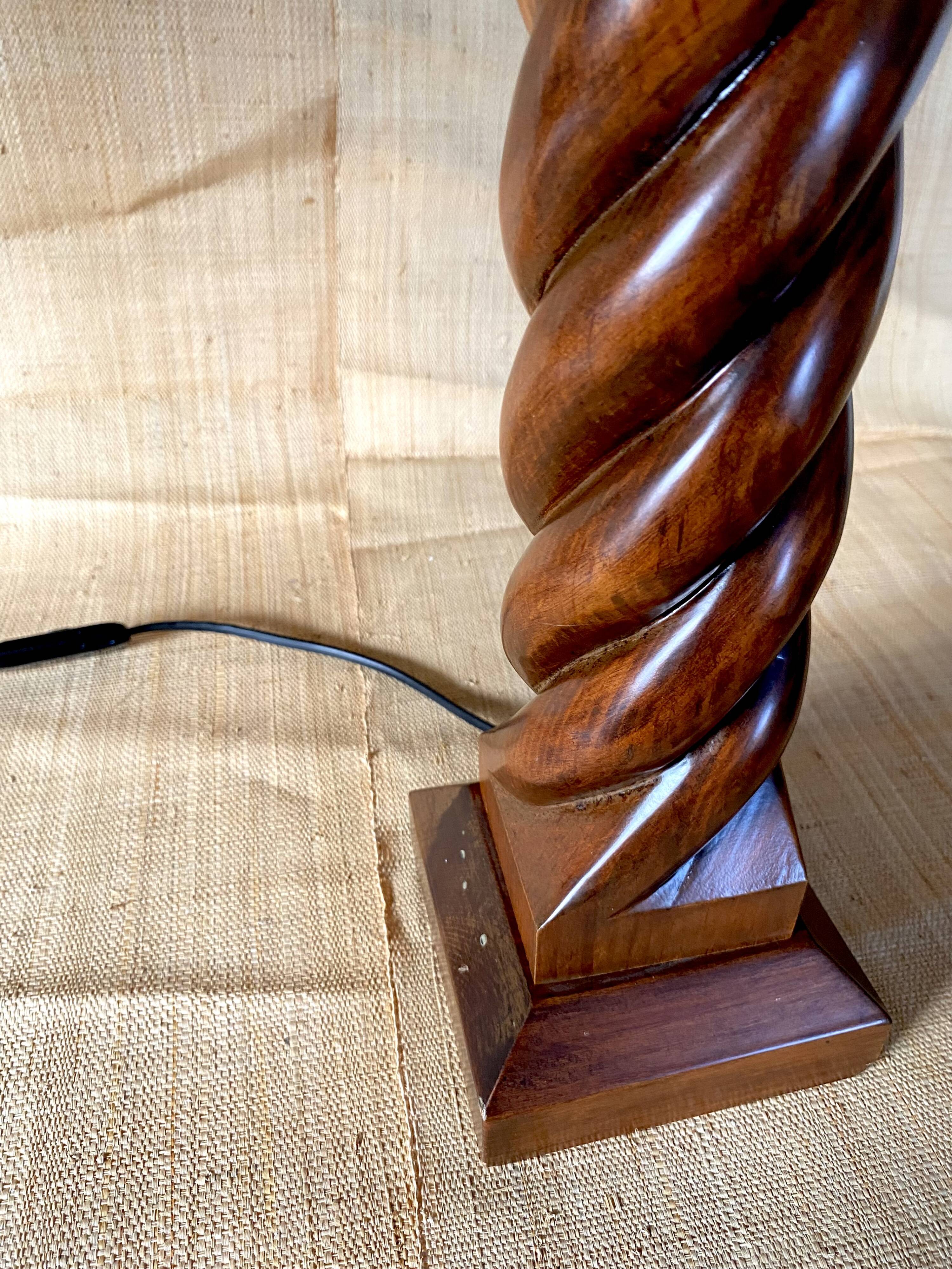 Turned wooden lamp, 2M fabric cable, cotton shade.