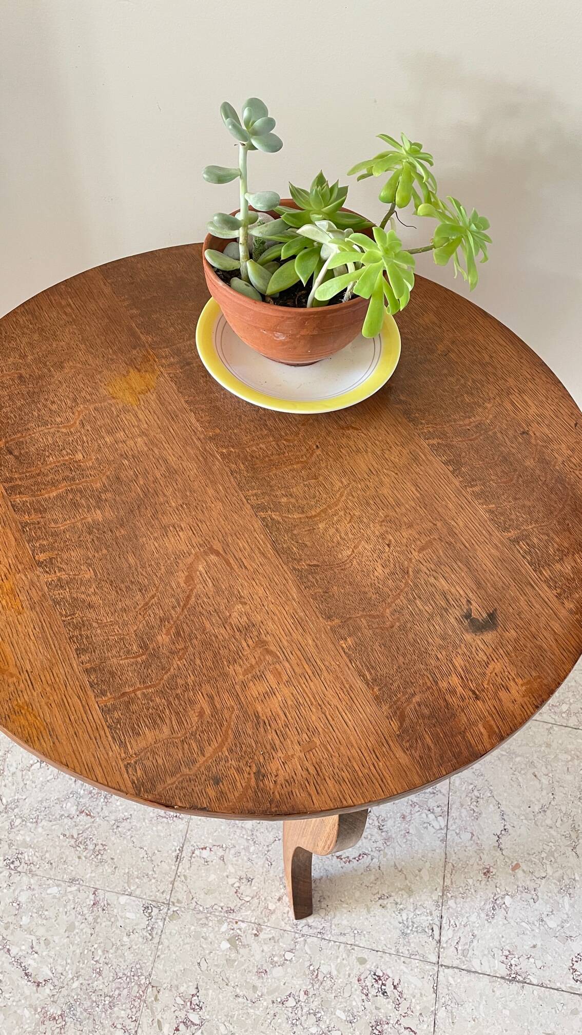 Vintage round oak coffee table with 2 shelves