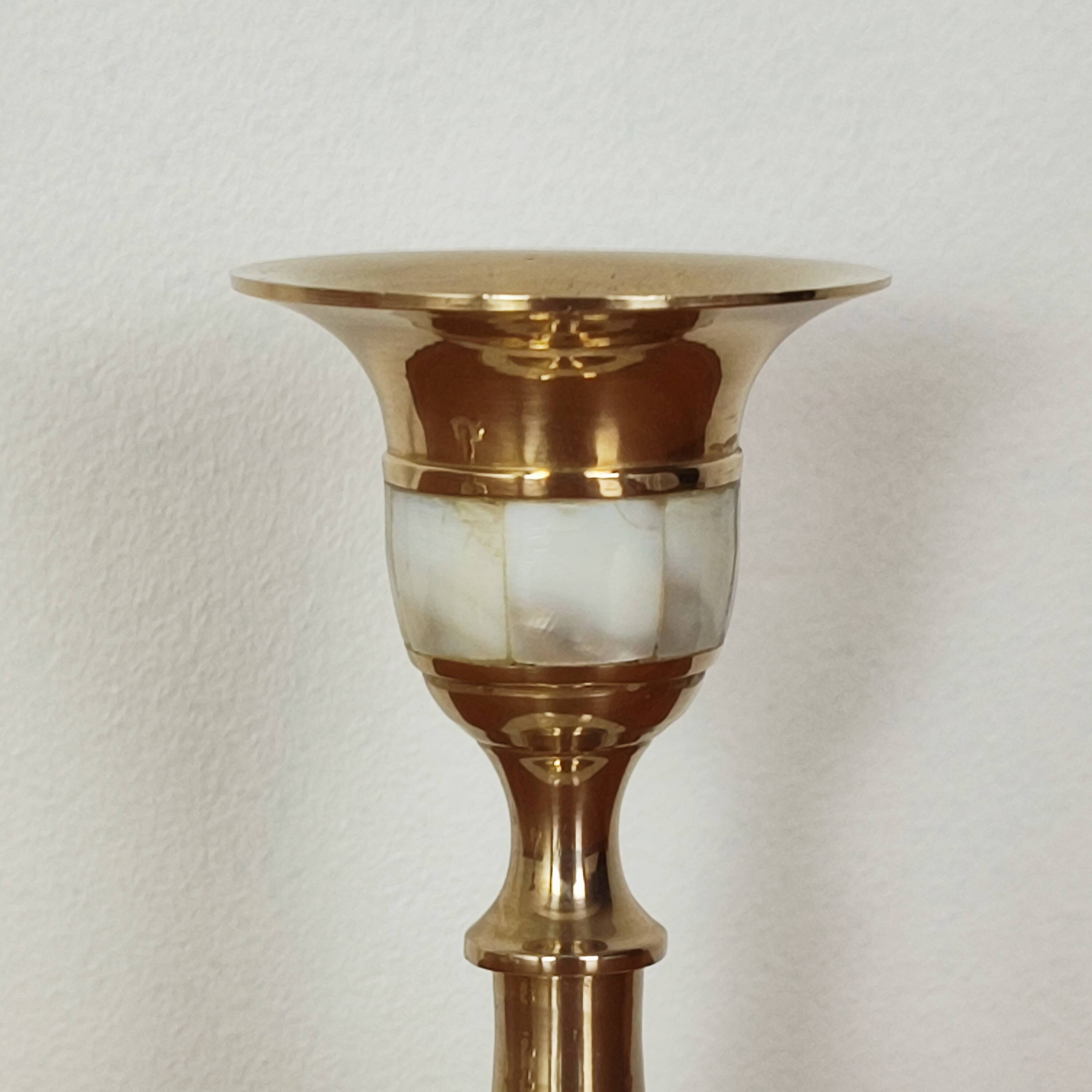 Brass and mother-of-pearl candle holders