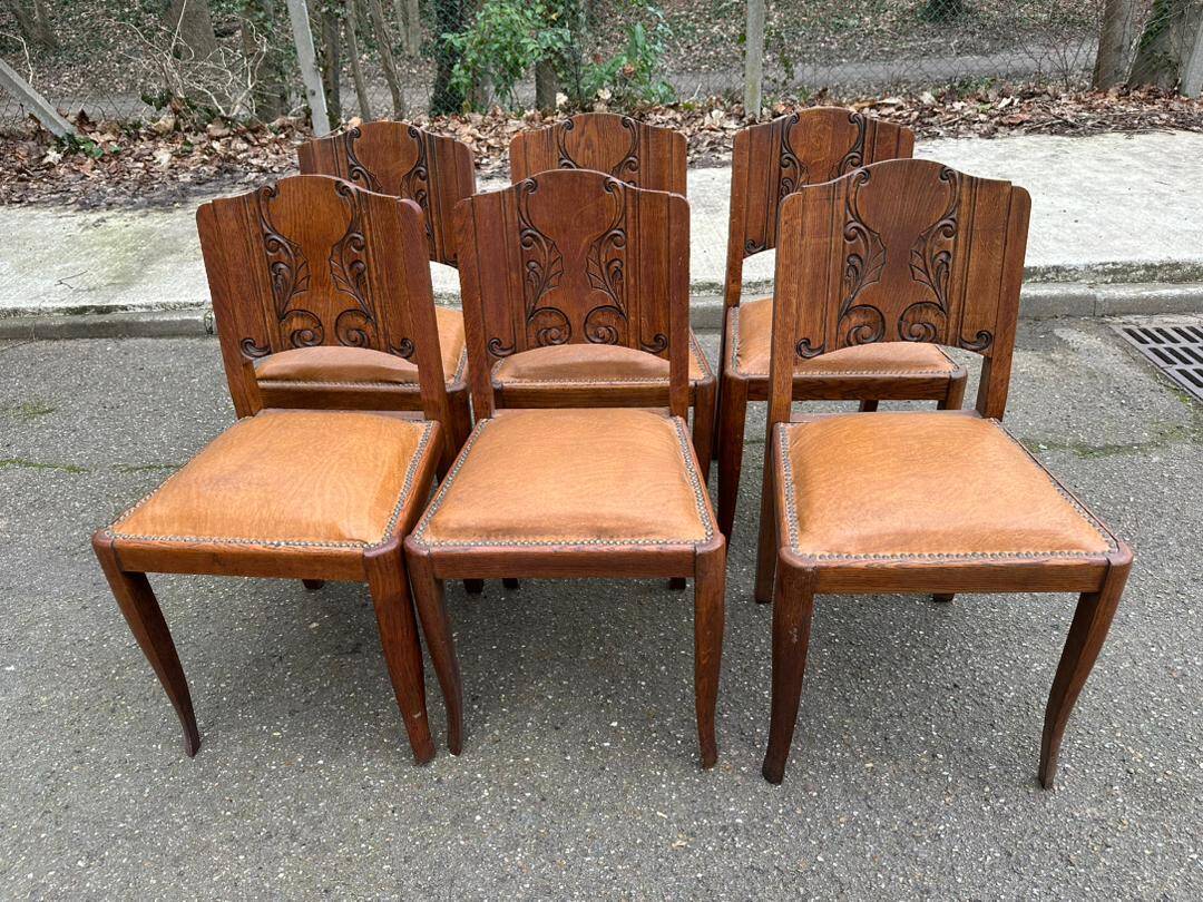 6 Art Deco gondola chairs in solid oak with brown leatherette, 1930s.