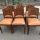 6 Art Deco gondola chairs in solid oak with brown leatherette, 1930s.