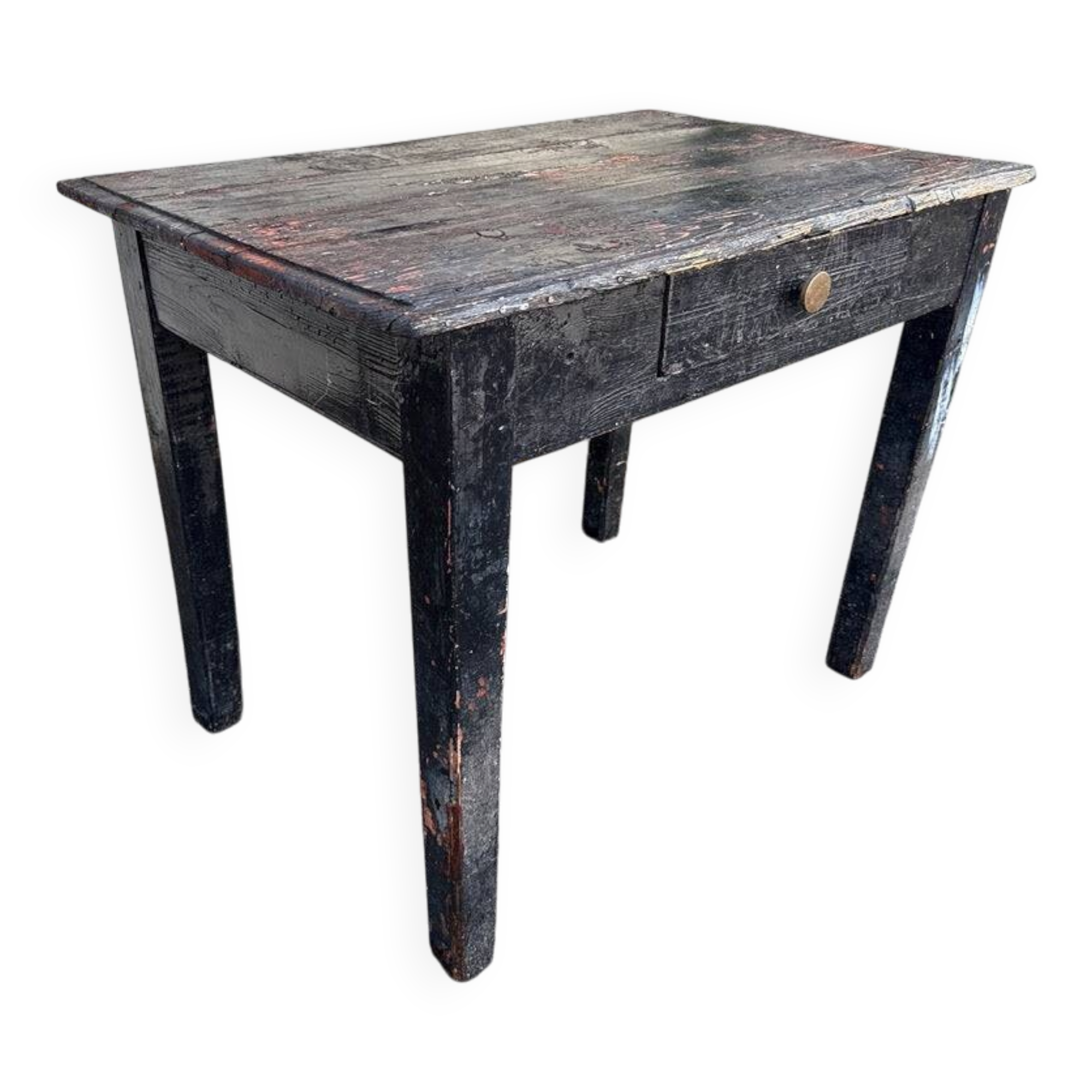 Table de ferme artisanale en bois noir patiné