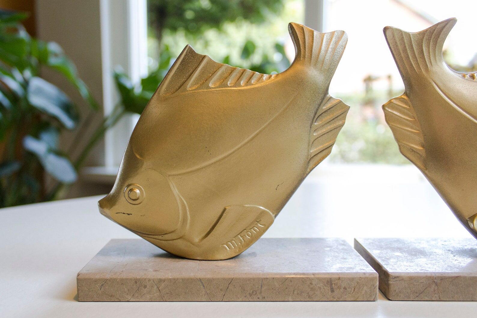 Art Deco Bookends Signed M. Font, Fish on marble base, Gold