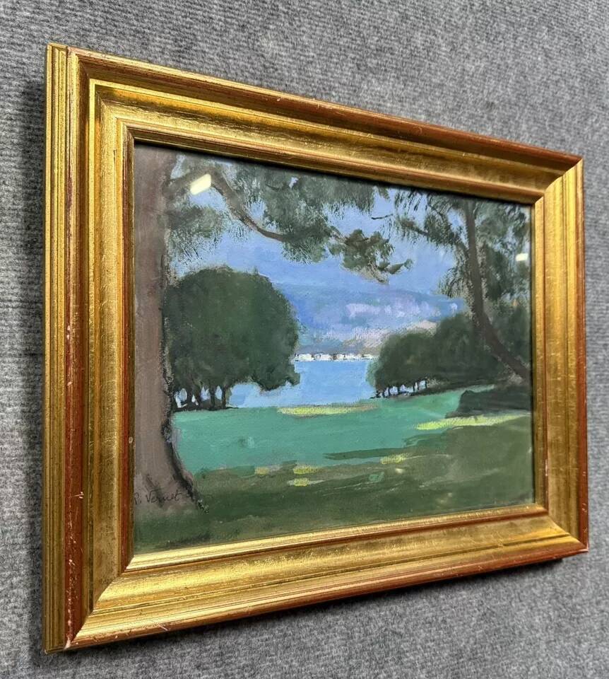 Oil painting on panel by Rivernet: view of a lake