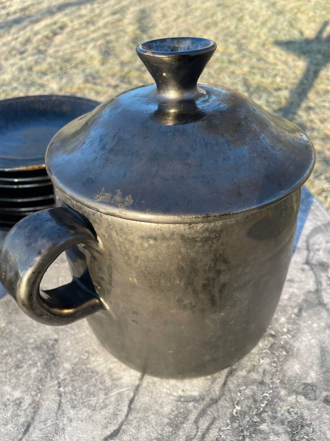 Vallauris service, the pottery of the great oak. Black metal glazed ceramics.