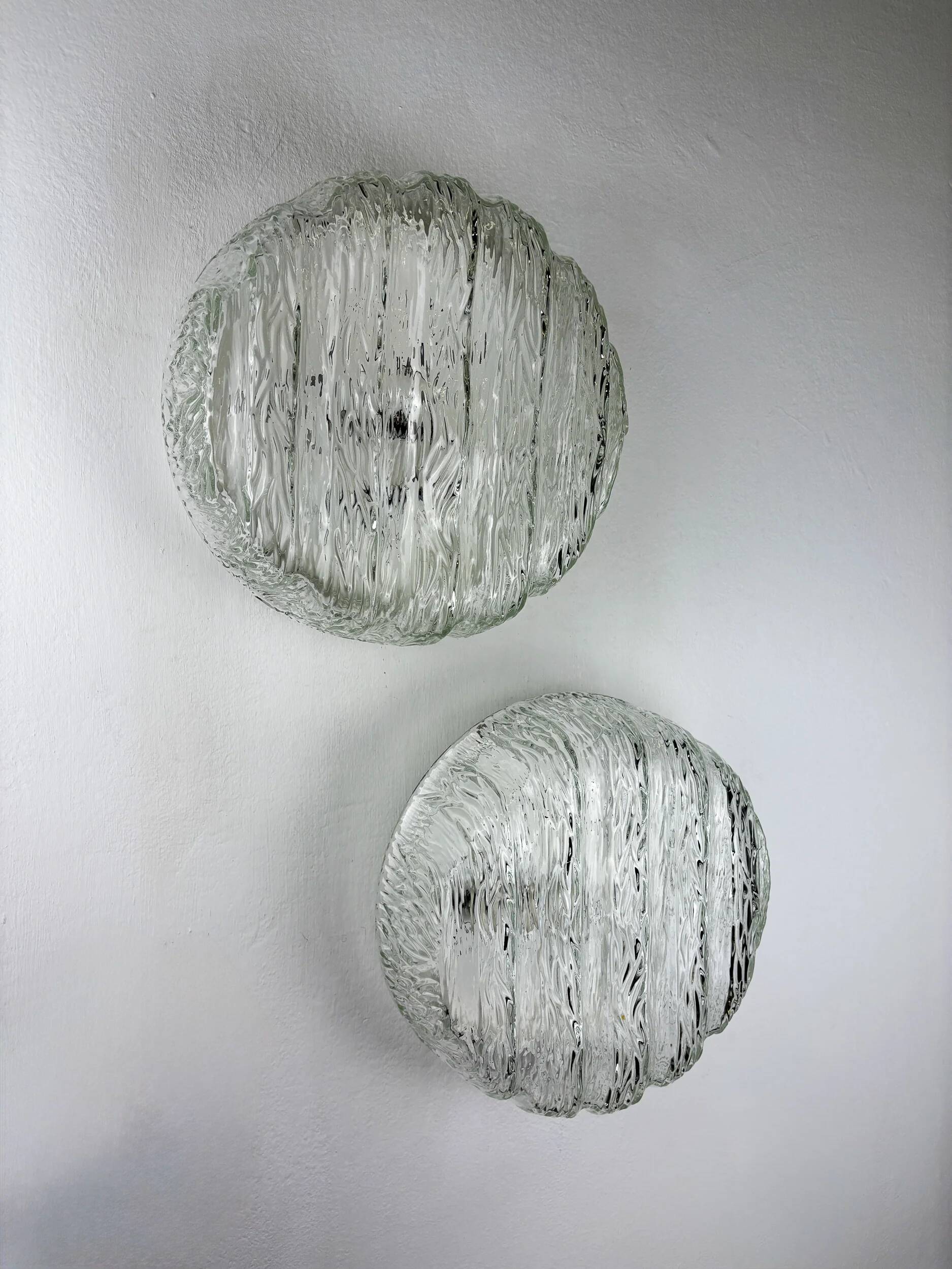 Pair of frozen glass round sconces, Germany, 1960s