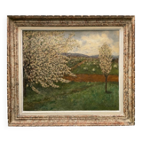 Old painting of apple trees in blossom in spring 20th century