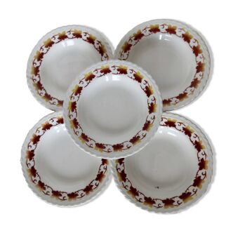 5 Vintage earthenware soup plates from L'Amandinoise, Duck model with leaf border...