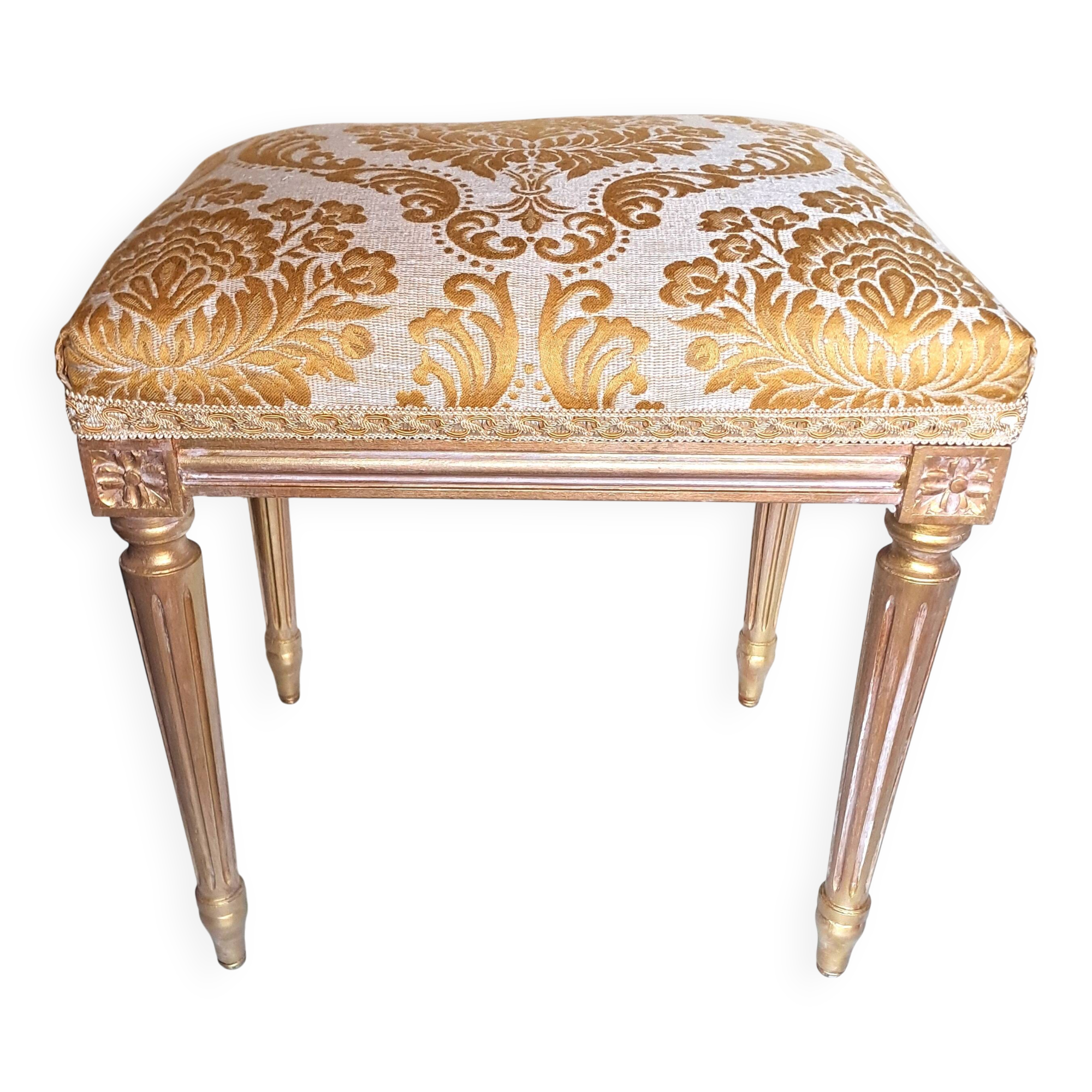 Piano stool in gold wood, Empire style, 19th century upholstery restoration